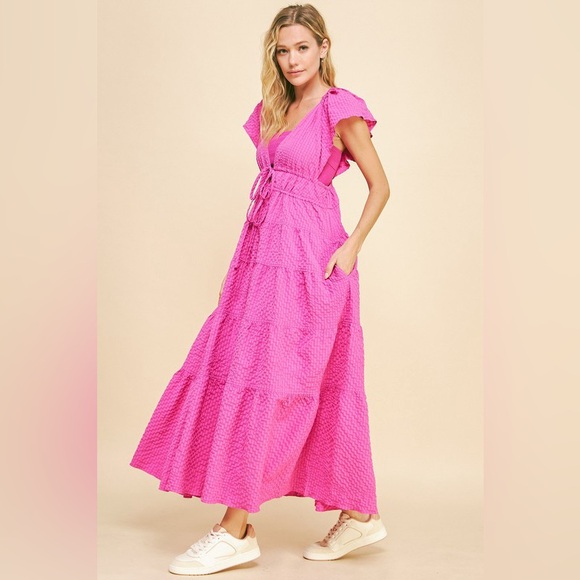 🟠 92B. Deep V-Neck Textured Tiered Maxi Dress - Orchid - Picture 5 of 12